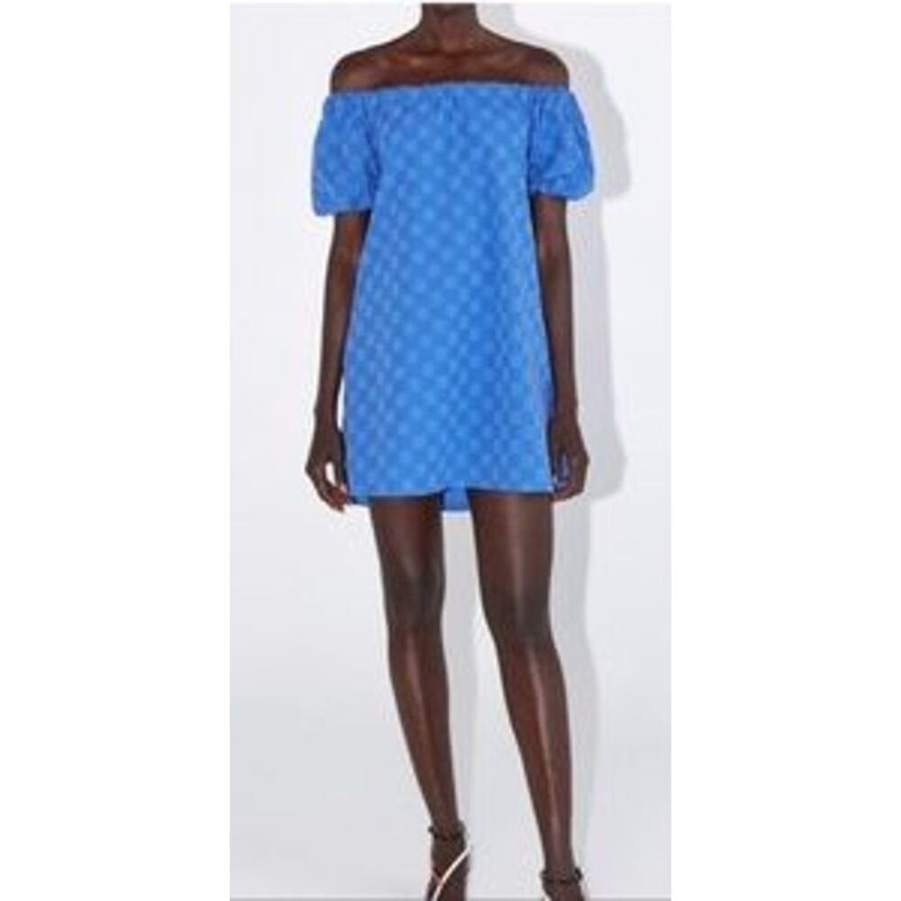 ZARA Off Shoulder Textured Eyelet Mini Sun Dress Balloon Sleeve Pockets M Blue